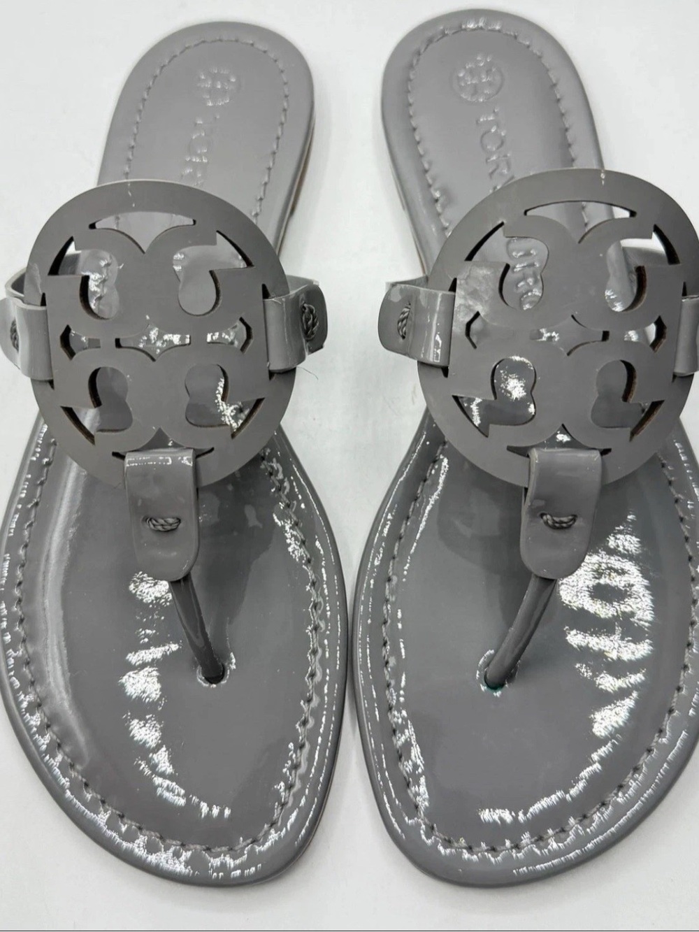 New Tory Burch Miller Patent Leather Sandals in Malta Gray Size 7.5